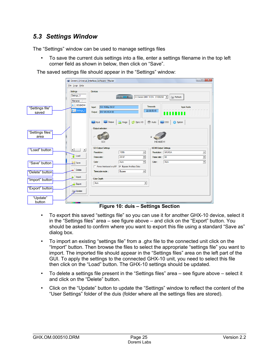 3 settings window | Doremi GHX-10 User Manual | Page 25 / 36