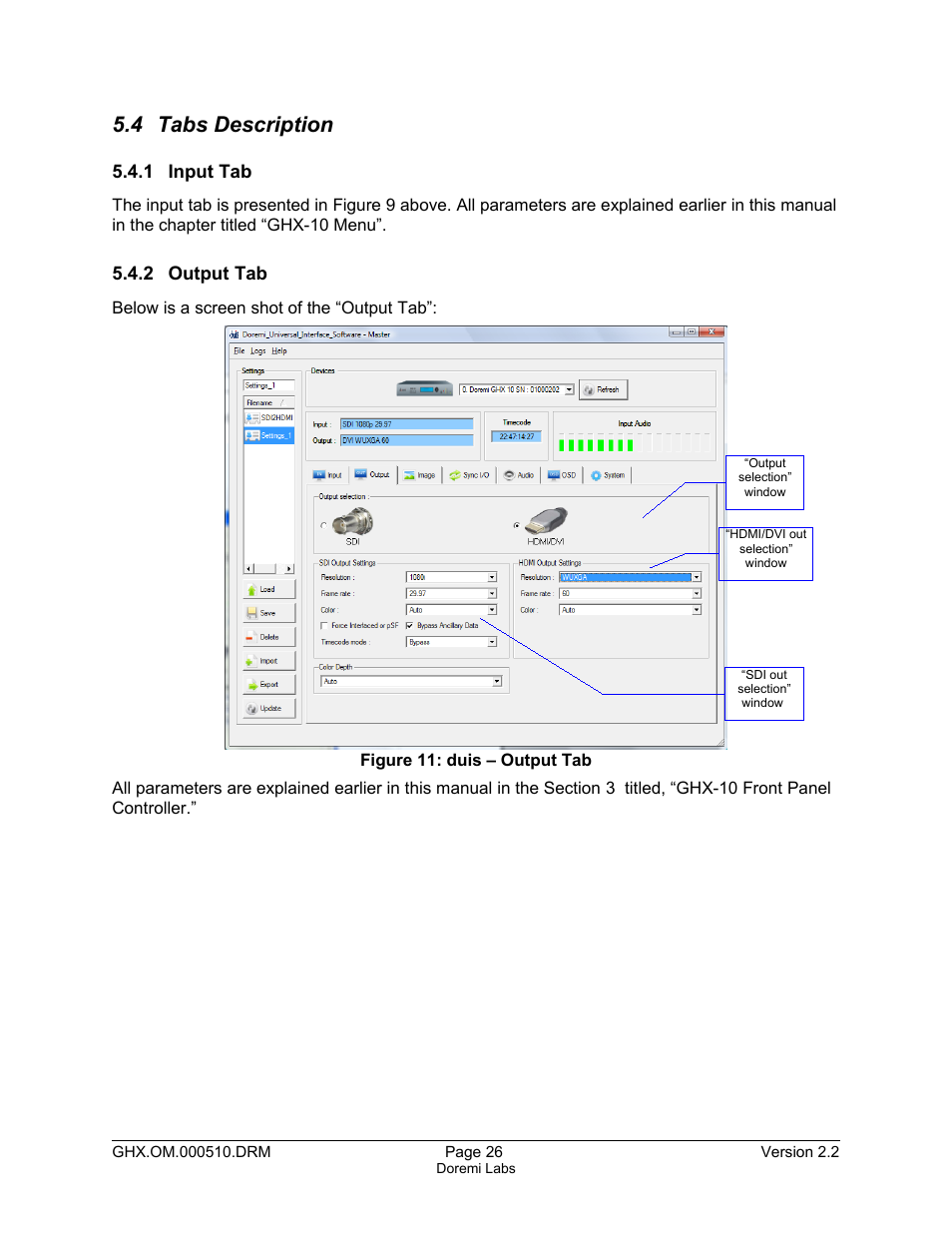 4 tabs description, 1 input tab, 2 output tab | Doremi GHX-10 User Manual | Page 26 / 36