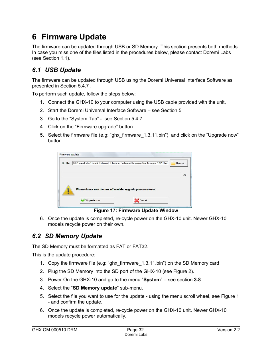 6 firmware update, 1 usb update, 2 sd memory update | Doremi GHX-10 User Manual | Page 32 / 36