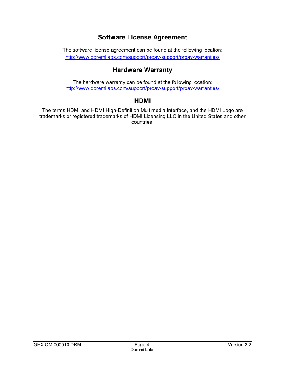 Software license agreement, Hardware warranty, Hdmi | Doremi GHX-10 User Manual | Page 4 / 36