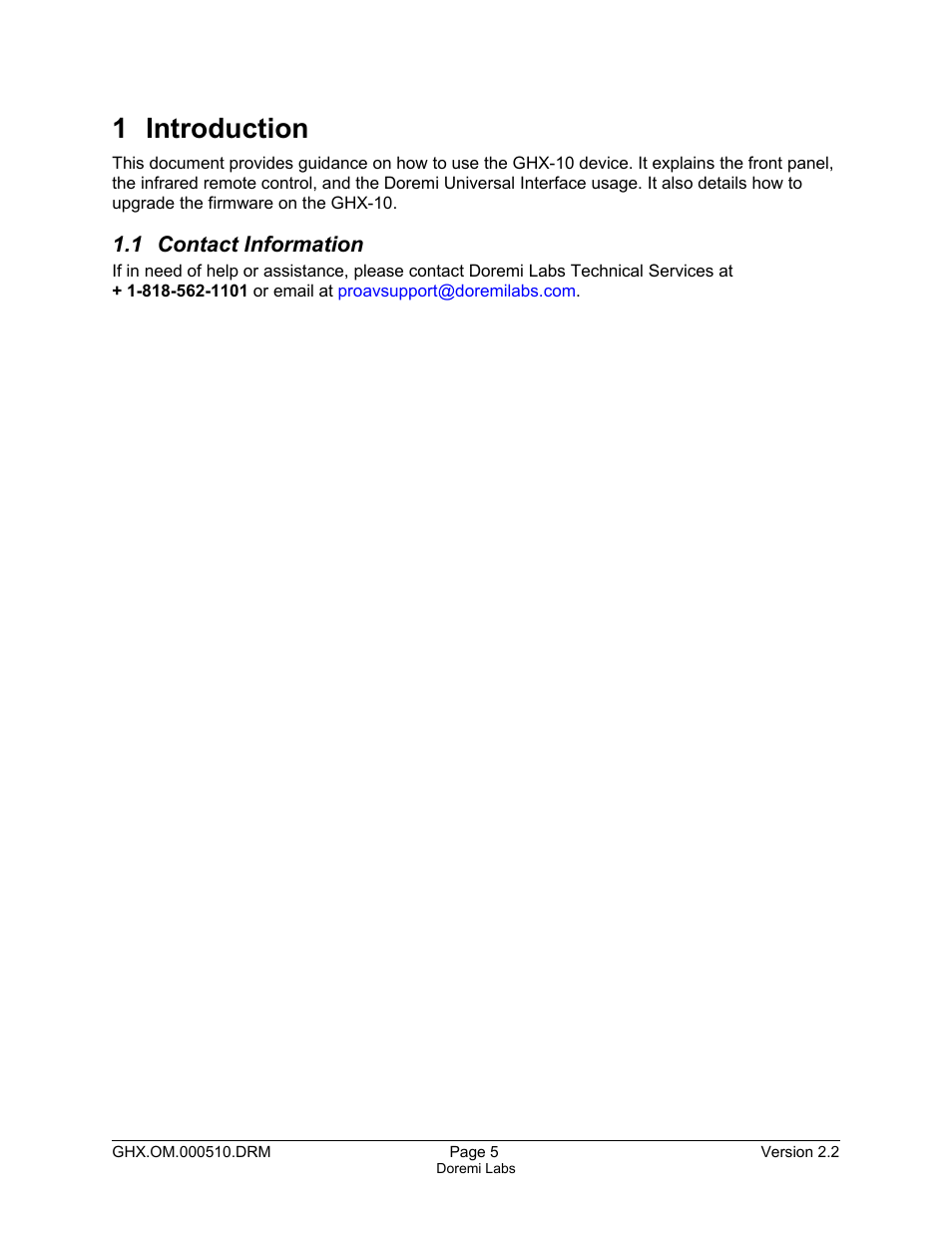 1 introduction, 1 contact information | Doremi GHX-10 User Manual | Page 5 / 36