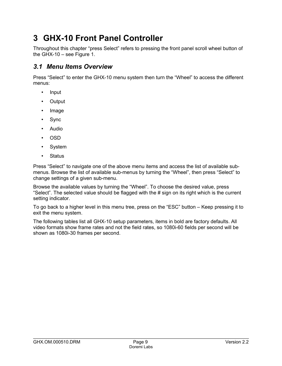 3 ghx-10 front panel controller, 1 menu items overview | Doremi GHX-10 User Manual | Page 9 / 36
