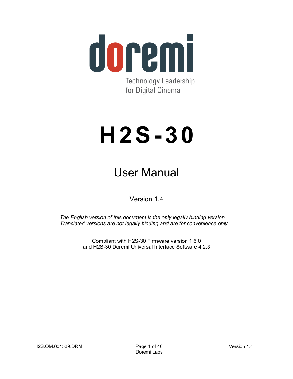 Doremi H2S-30 User Manual | 40 pages