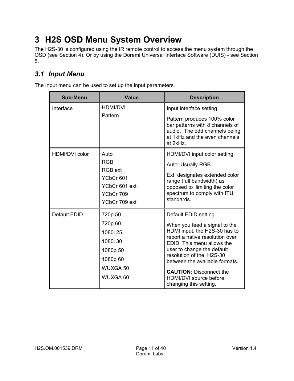 3 h2s osd menu system overview, 1 input menu | Doremi H2S-30 User Manual | Page 11 / 40