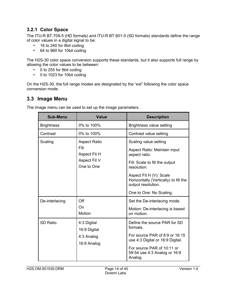 1 color space, 3 image menu | Doremi H2S-30 User Manual | Page 14 / 40