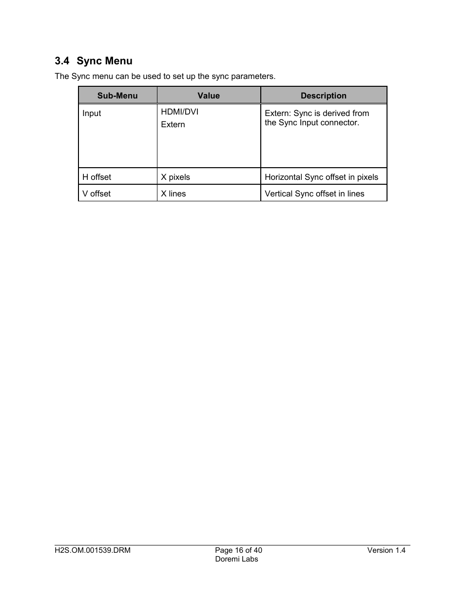 4 sync menu | Doremi H2S-30 User Manual | Page 16 / 40