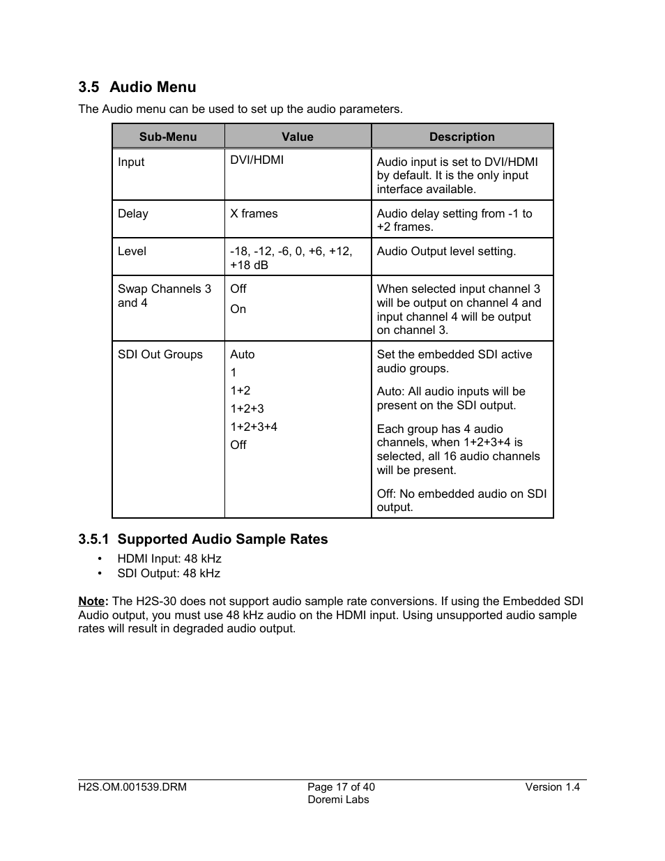 5 audio menu, 1 supported audio sample rates | Doremi H2S-30 User Manual | Page 17 / 40