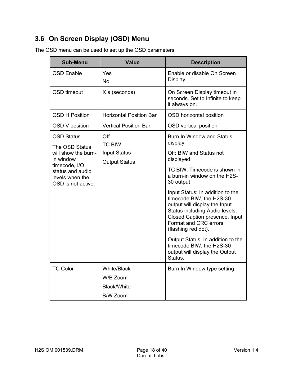 6 on screen display (osd) menu | Doremi H2S-30 User Manual | Page 18 / 40