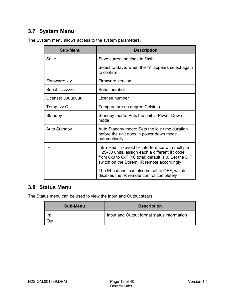 7 system menu, 8 status menu | Doremi H2S-30 User Manual | Page 19 / 40