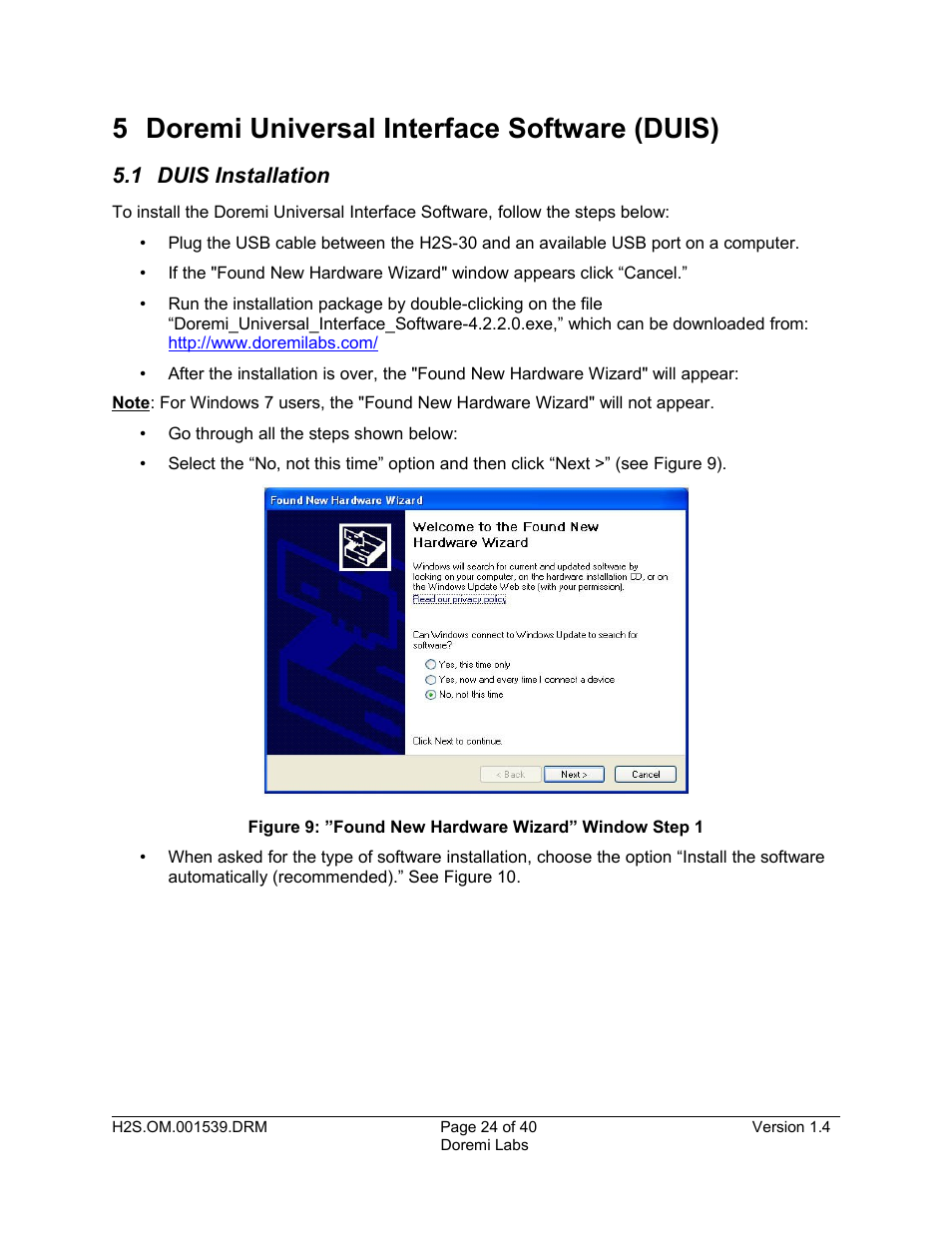 5 doremi universal interface software (duis), 1 duis installation | Doremi H2S-30 User Manual | Page 24 / 40