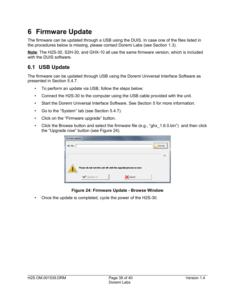 6 firmware update, 1 usb update | Doremi H2S-30 User Manual | Page 38 / 40