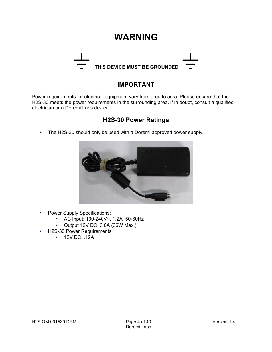 Warning | Doremi H2S-30 User Manual | Page 4 / 40