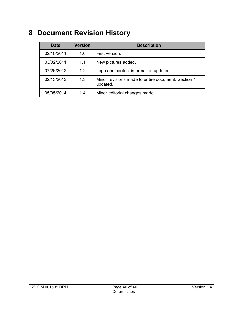 8 document revision history | Doremi H2S-30 User Manual | Page 40 / 40