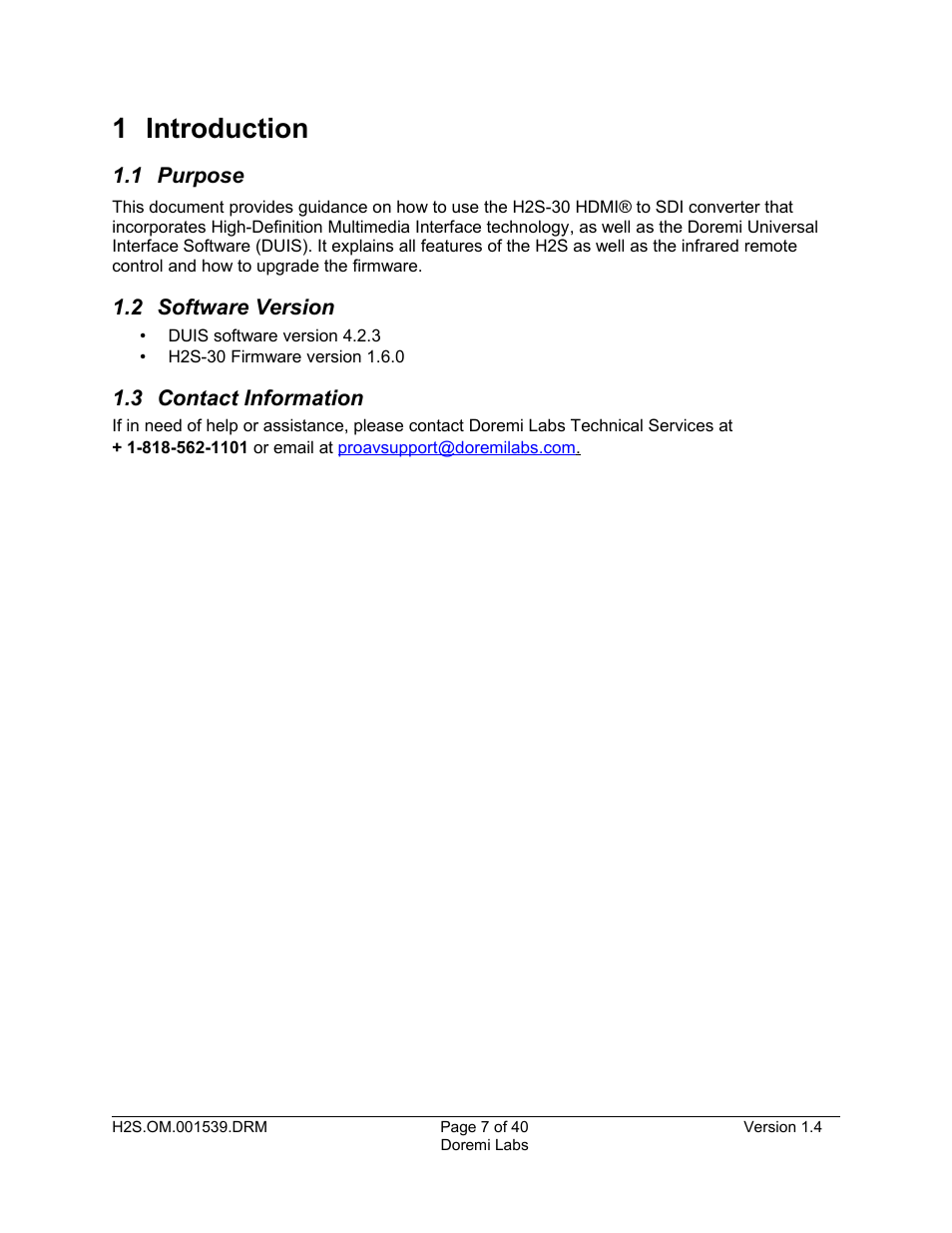 1 introduction, 1 purpose, 2 software version | 3 contact information | Doremi H2S-30 User Manual | Page 7 / 40