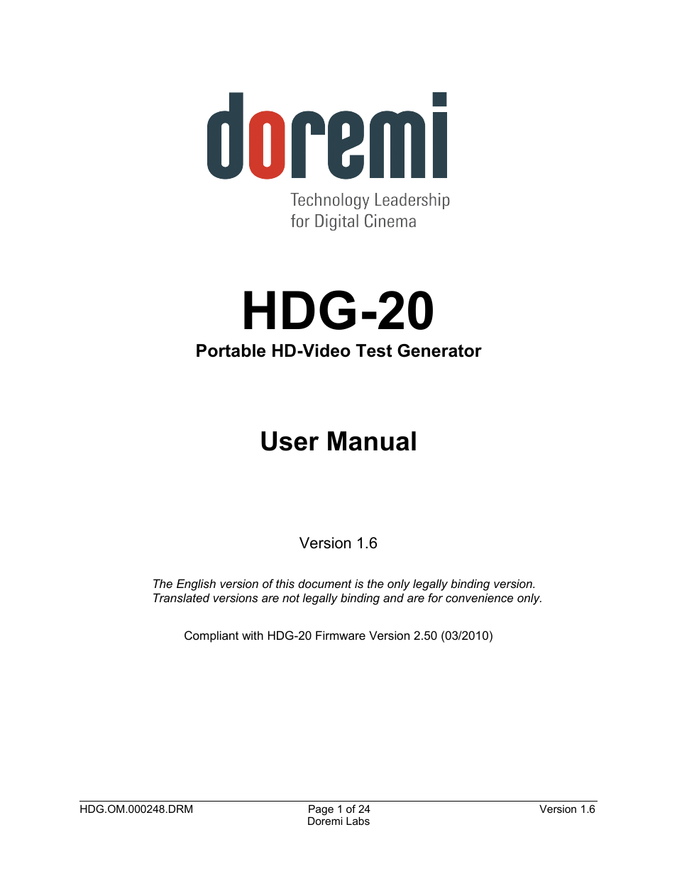 Doremi HDG-20 User Manual | 24 pages