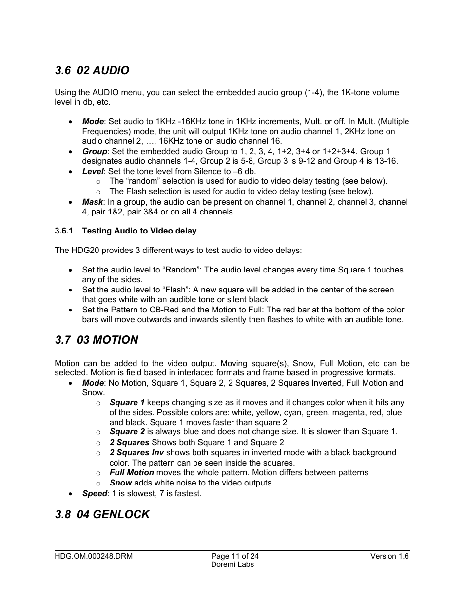 6 02 audio, 1 testing audio to video delay, 7 03 motion | 8 04 genlock | Doremi HDG-20 User Manual | Page 11 / 24