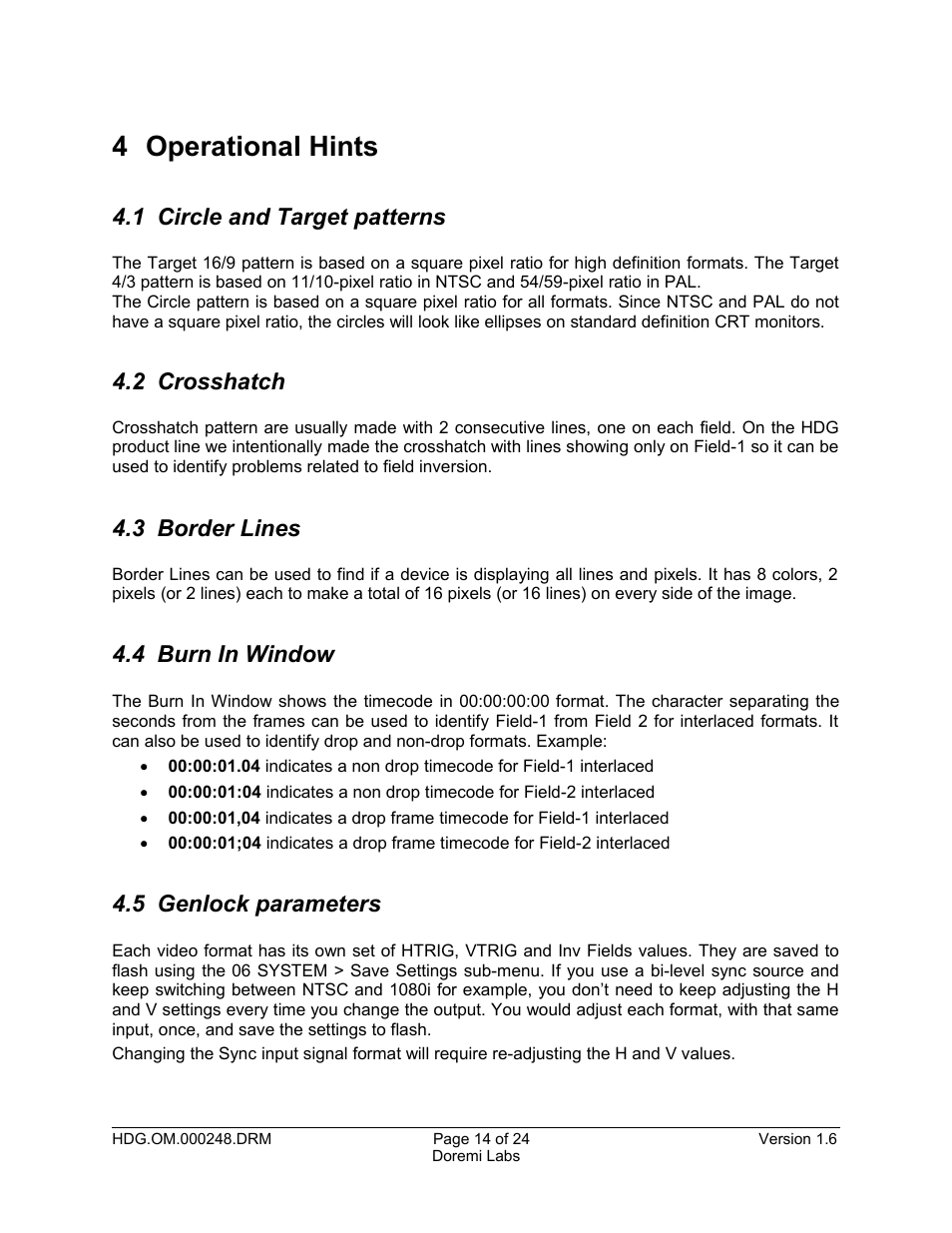 4 operational hints, 1 circle and target patterns, 2 crosshatch | 3 border lines, 4 burn in window, 5 genlock parameters | Doremi HDG-20 User Manual | Page 14 / 24