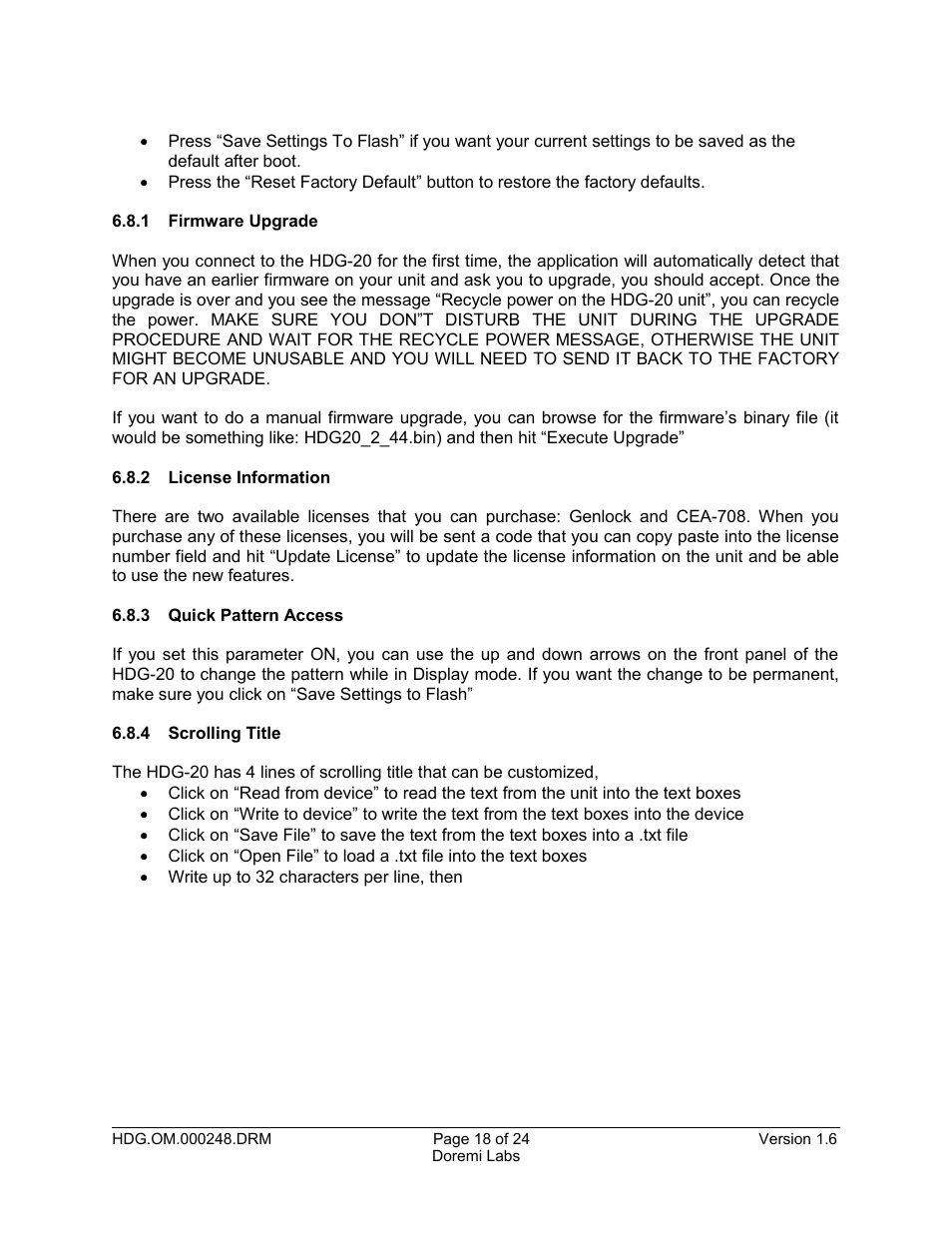 1 firmware upgrade, 2 license information, 3 quick pattern access | 4 scrolling title | Doremi HDG-20 User Manual | Page 18 / 24