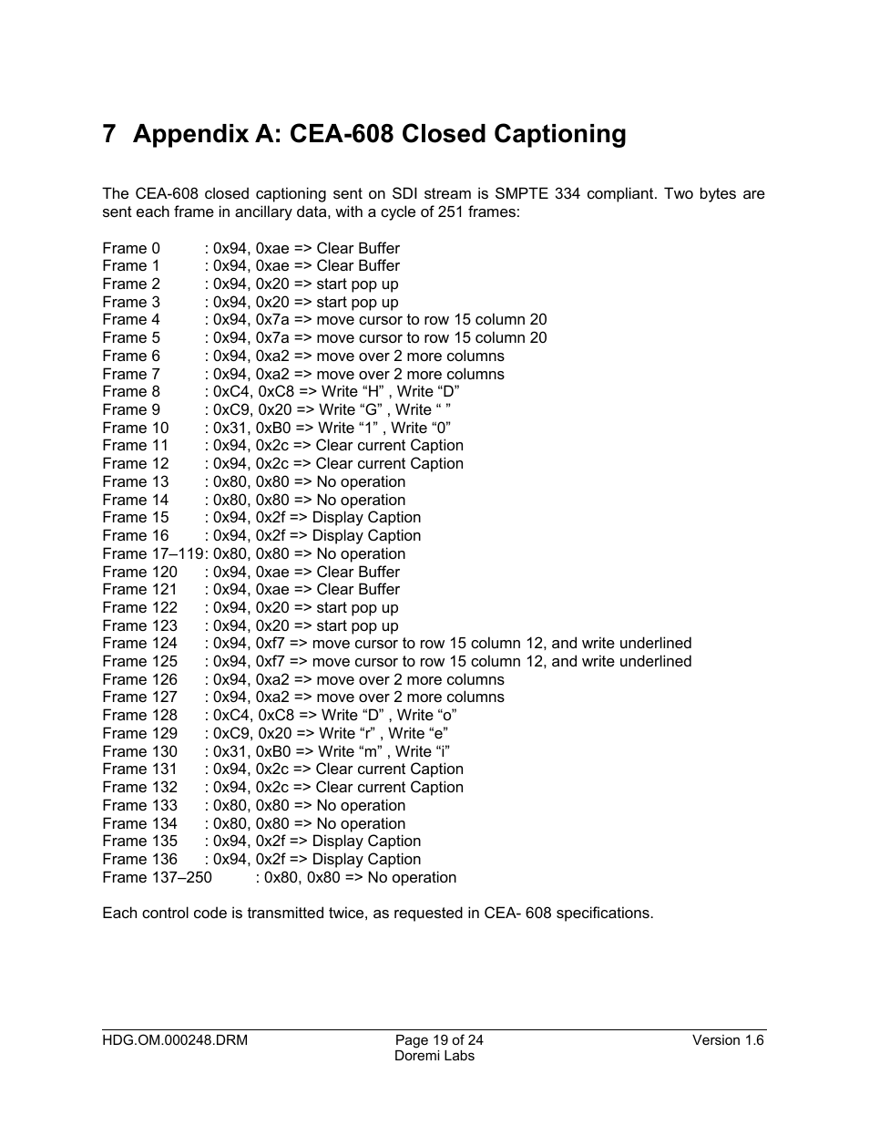 7 appendix a: cea-608 closed captioning | Doremi HDG-20 User Manual | Page 19 / 24