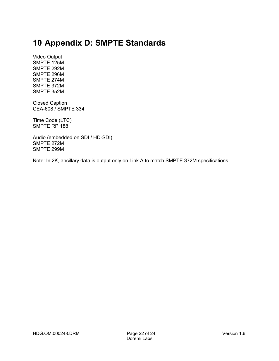 10 appendix d: smpte standards | Doremi HDG-20 User Manual | Page 22 / 24