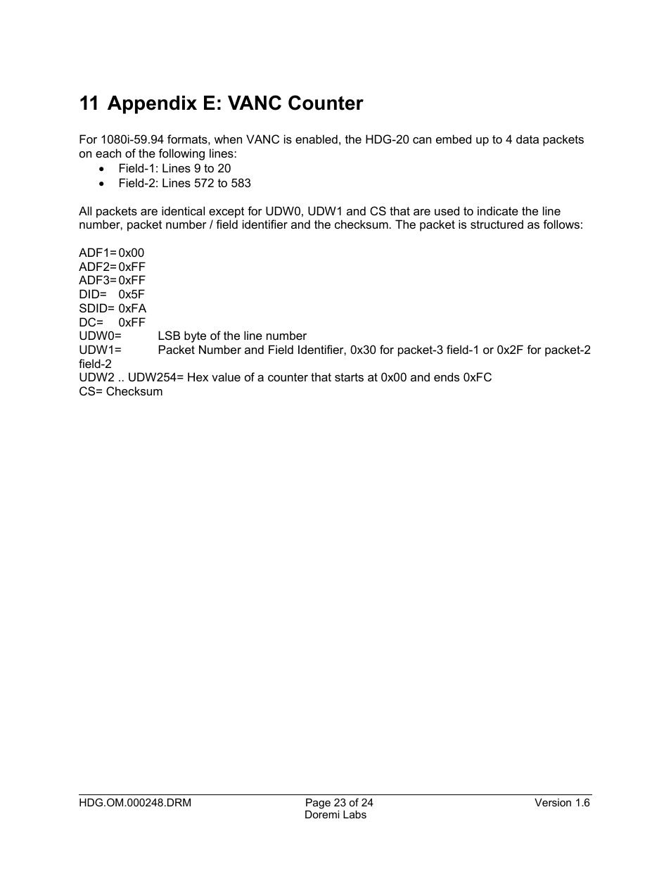 11 appendix e: vanc counter | Doremi HDG-20 User Manual | Page 23 / 24