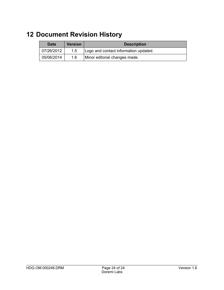 12 document revision history | Doremi HDG-20 User Manual | Page 24 / 24