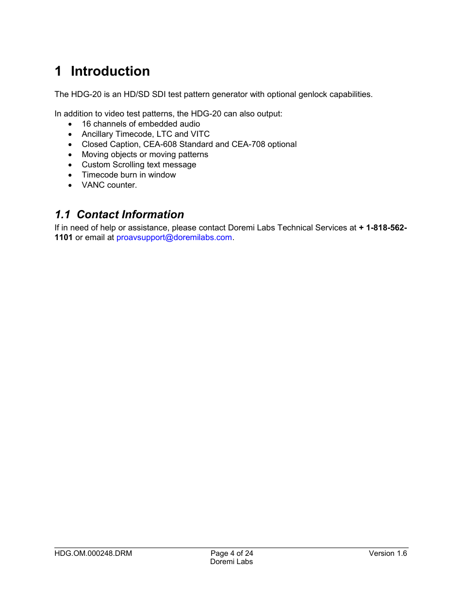1 introduction, 1 contact information | Doremi HDG-20 User Manual | Page 4 / 24