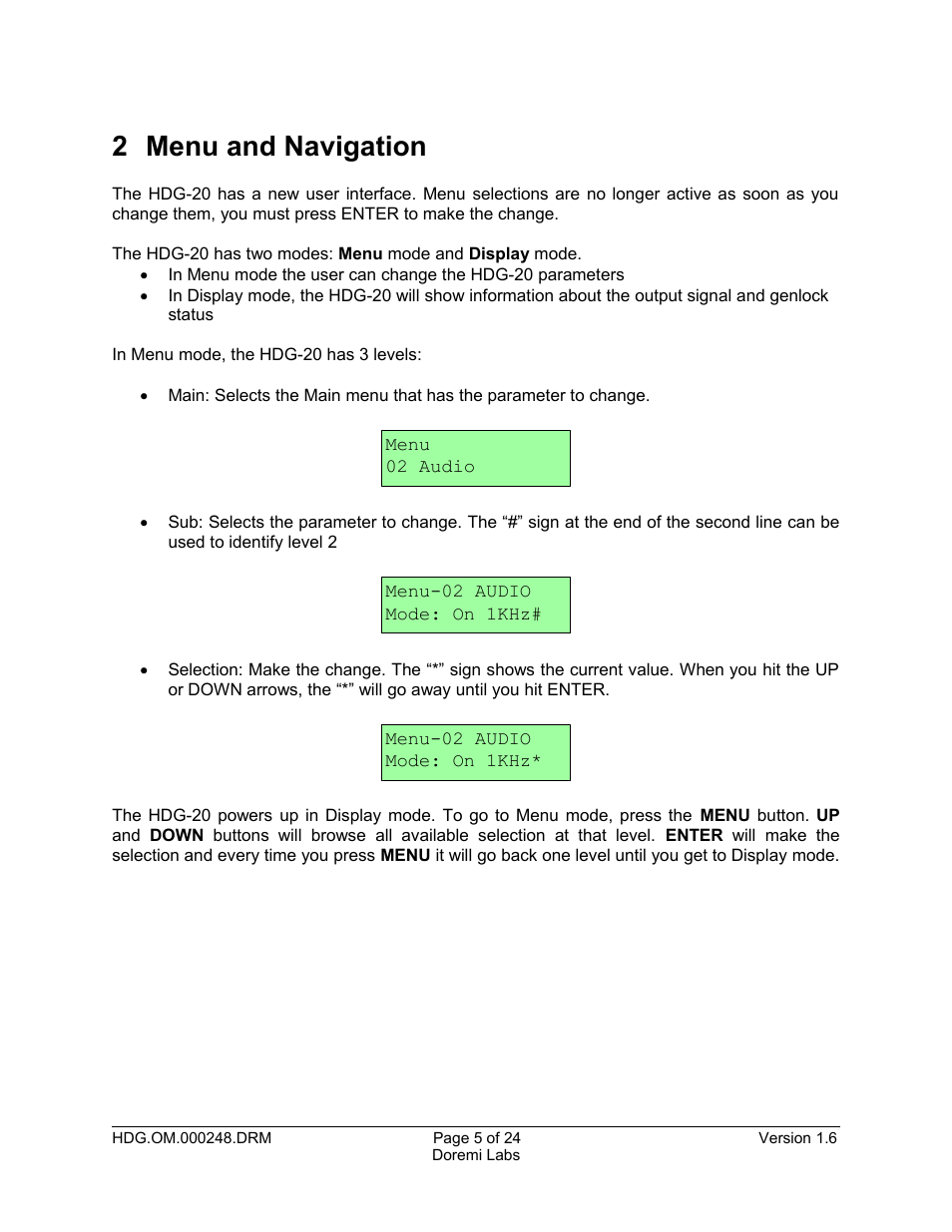 2 menu and navigation | Doremi HDG-20 User Manual | Page 5 / 24