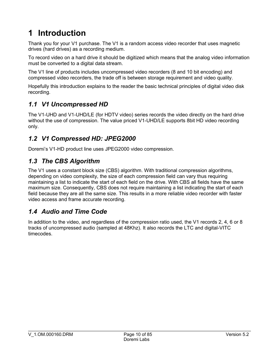 1 introduction, 1 v1 uncompressed hd, 2 v1 compressed hd: jpeg2000 | 3 the cbs algorithm, 4 audio and time code | Doremi MCSHD User Manual | Page 10 / 85