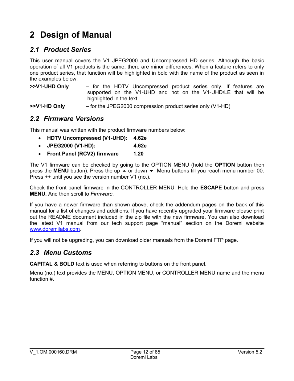 2 design of manual, 1 product series, 2 firmware versions | 3 menu customs | Doremi MCSHD User Manual | Page 12 / 85