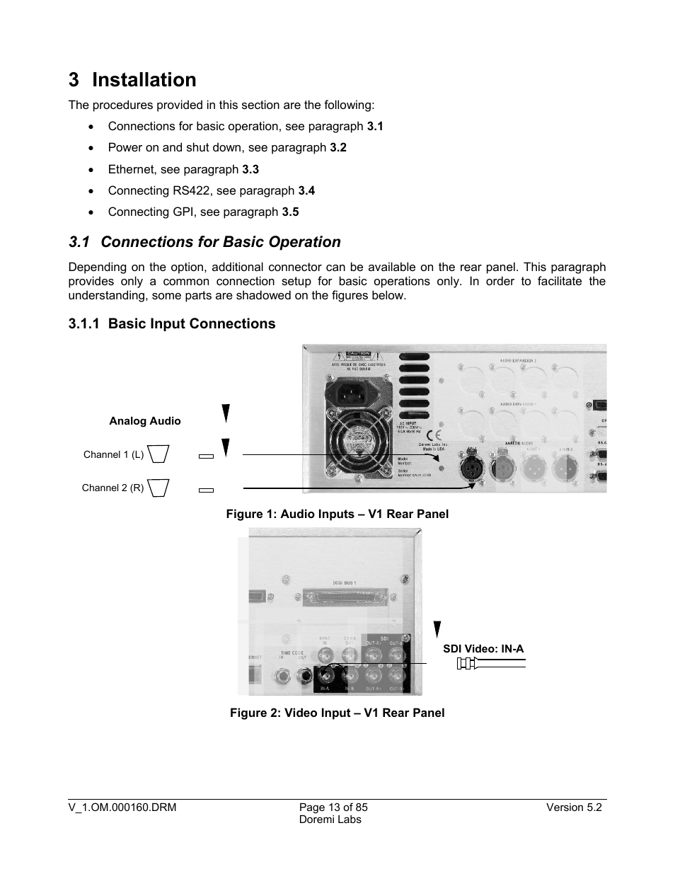 3 installation, 1 connections for basic operation, 1 basic input connections | Doremi MCSHD User Manual | Page 13 / 85