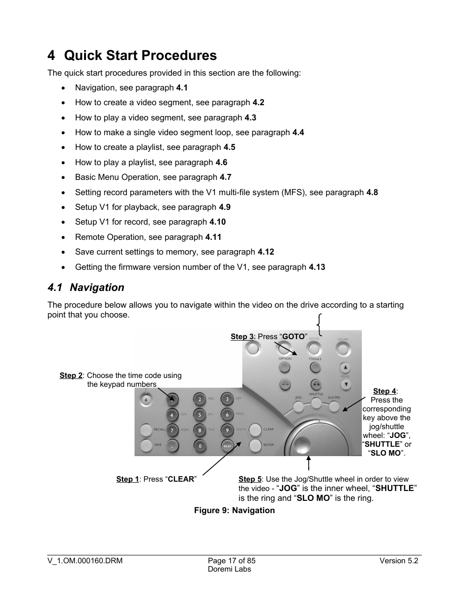 4 quick start procedures, 1 navigation | Doremi MCSHD User Manual | Page 17 / 85