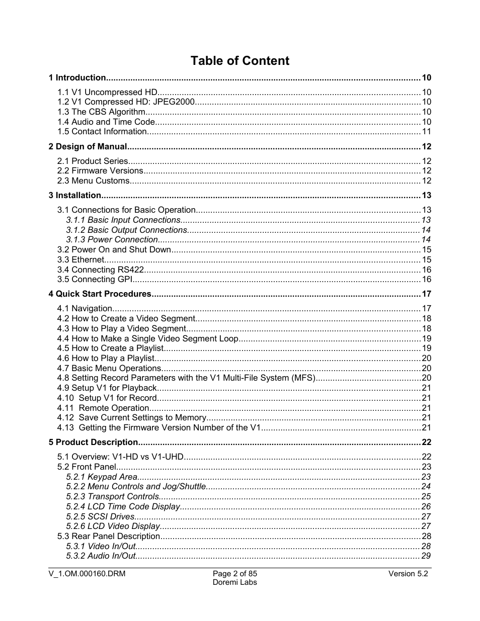 Table of content | Doremi MCSHD User Manual | Page 2 / 85