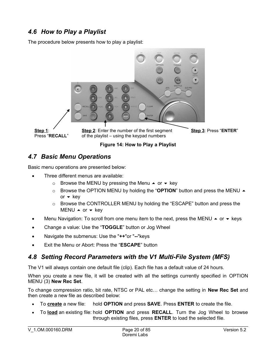 6 how to play a playlist, 7 basic menu operations | Doremi MCSHD User Manual | Page 20 / 85