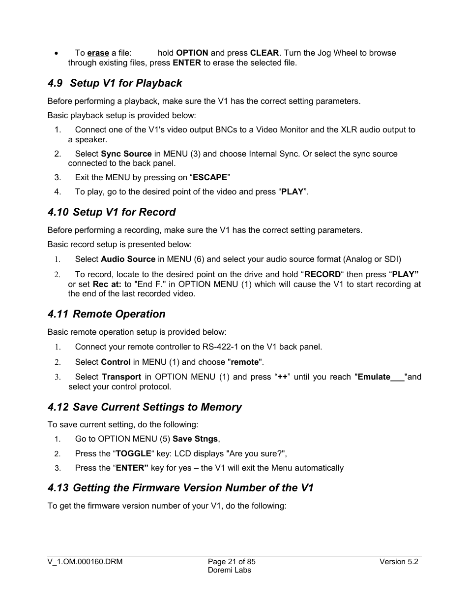9 setup v1 for playback, 10 setup v1 for record, 11 remote operation | 12 save current settings to memory, 13 getting the firmware version number of the v1 | Doremi MCSHD User Manual | Page 21 / 85