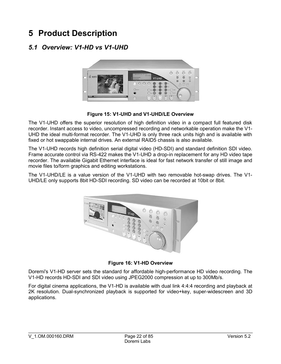 5 product description, 1 overview: v1-hd vs v1-uhd | Doremi MCSHD User Manual | Page 22 / 85