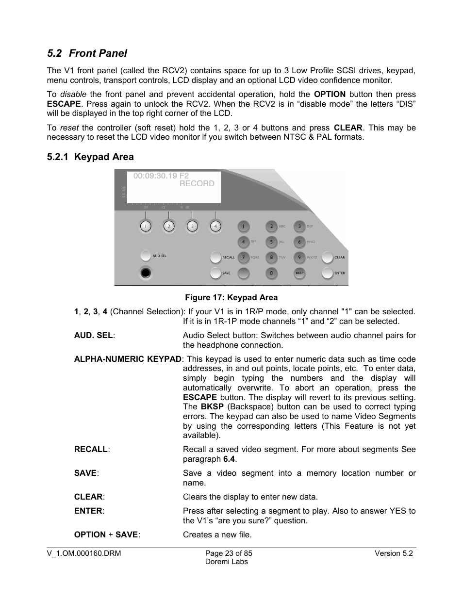 2 front panel, 1 keypad area | Doremi MCSHD User Manual | Page 23 / 85