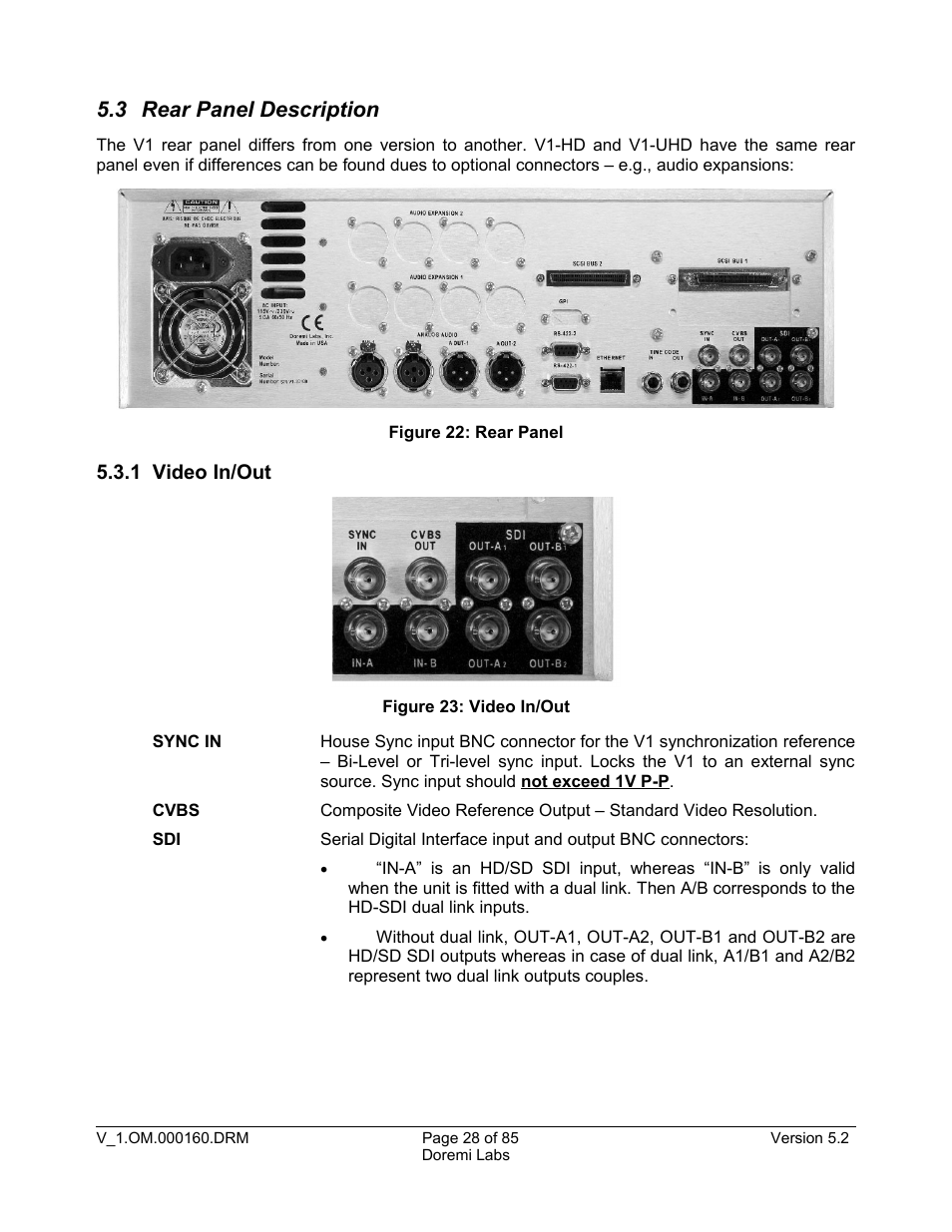 3 rear panel description, 1 video in/out | Doremi MCSHD User Manual | Page 28 / 85