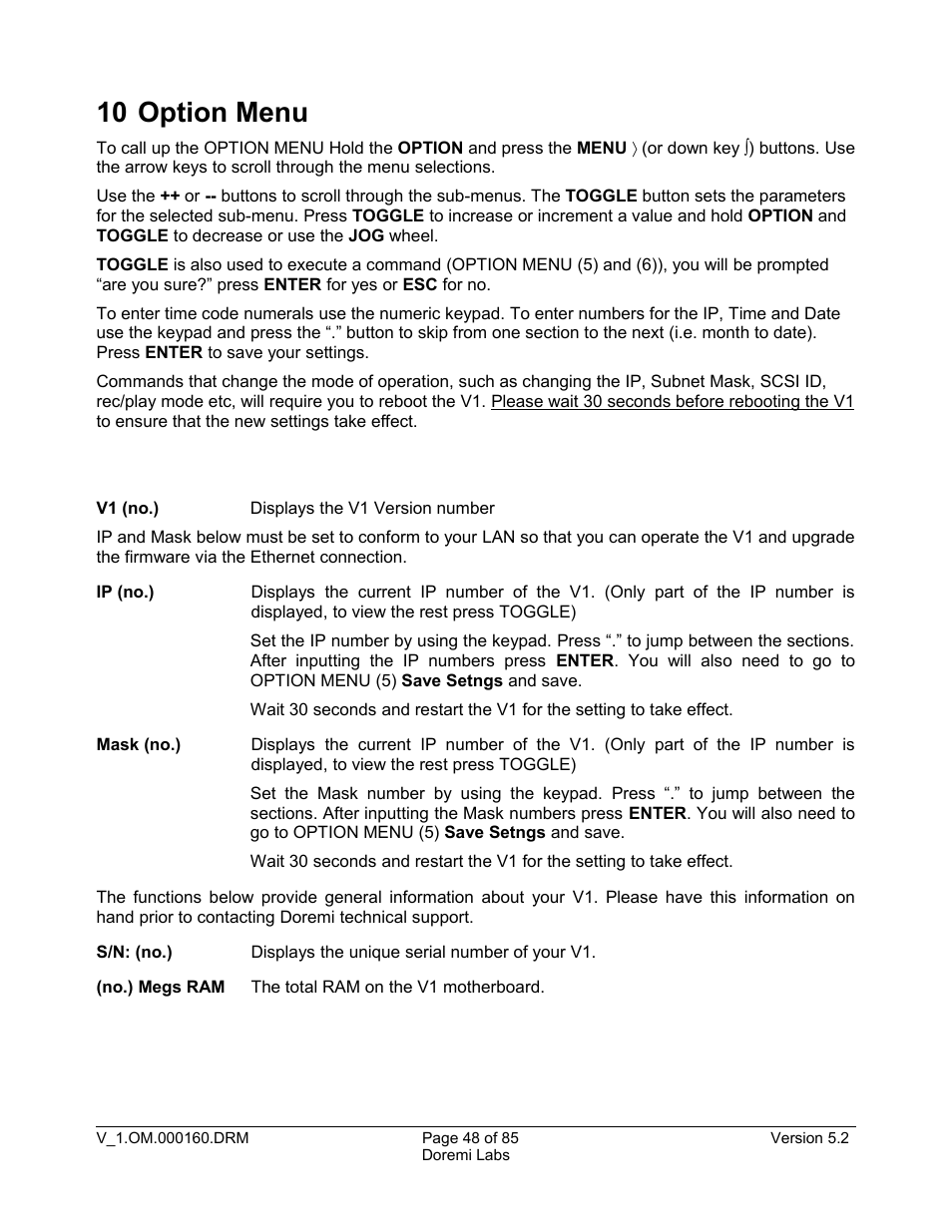 10 option menu | Doremi MCSHD User Manual | Page 48 / 85