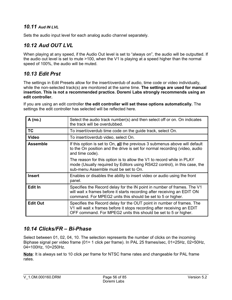 11 aud in lvl, 12 aud out lvl, 13 edit prst | 14 clicks/fr – bi-phase | Doremi MCSHD User Manual | Page 56 / 85