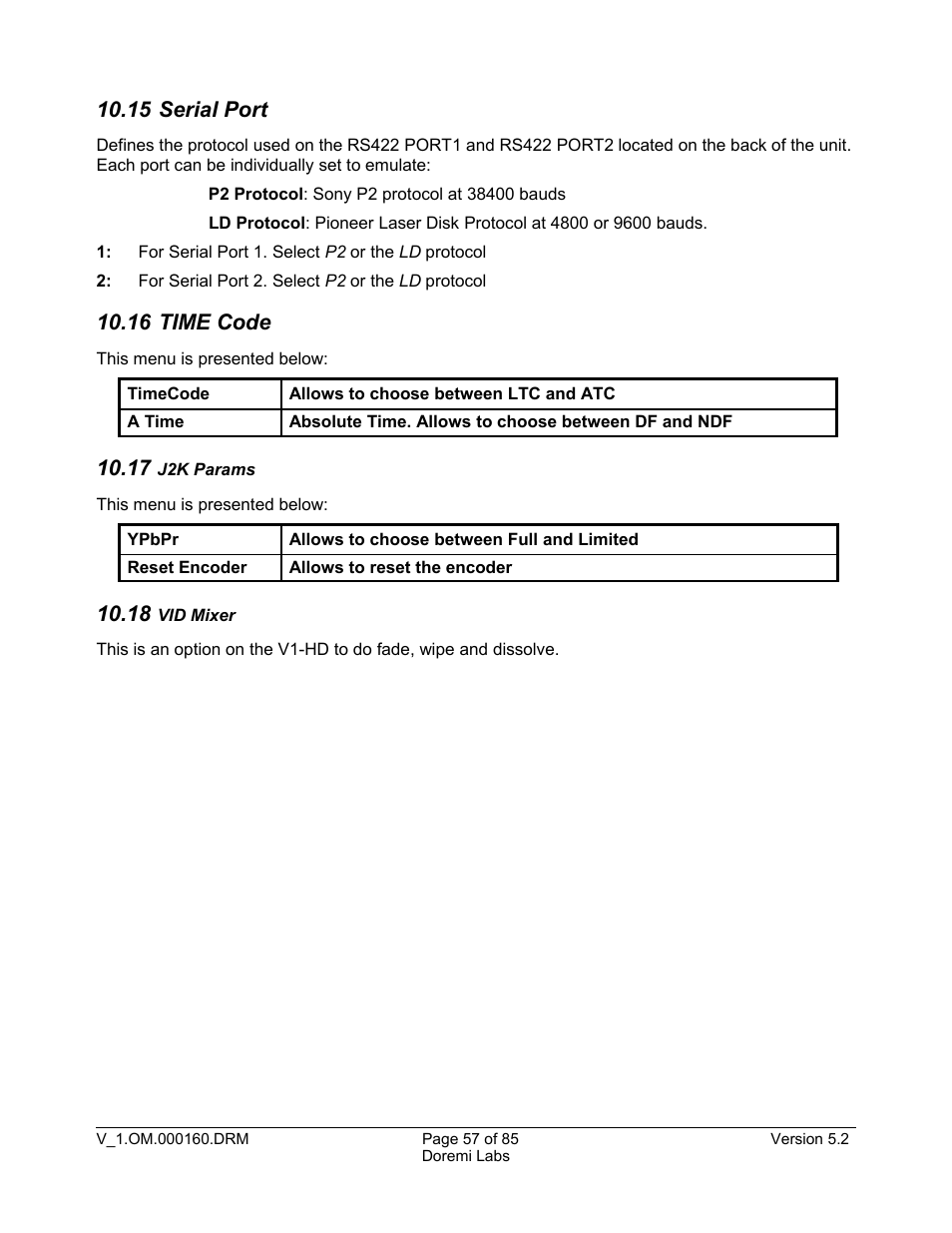 15 serial port, 16 time code, 17 j2k params | 18 vid mixer | Doremi MCSHD User Manual | Page 57 / 85