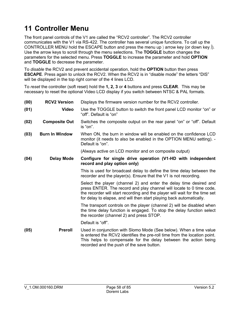 11 controller menu | Doremi MCSHD User Manual | Page 58 / 85