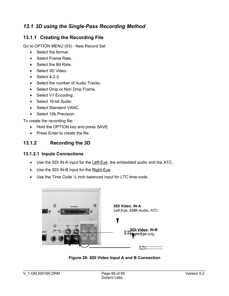 1 3d using the single-pass recording method, 1 creating the recording file, 2 recording the 3d | 1 inputs connections | Doremi MCSHD User Manual | Page 69 / 85