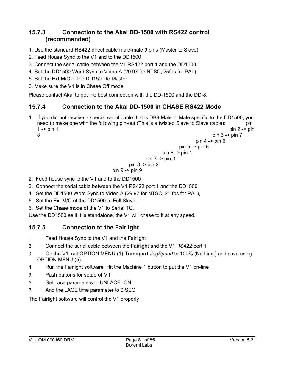 5 connection to the fairlight | Doremi MCSHD User Manual | Page 81 / 85