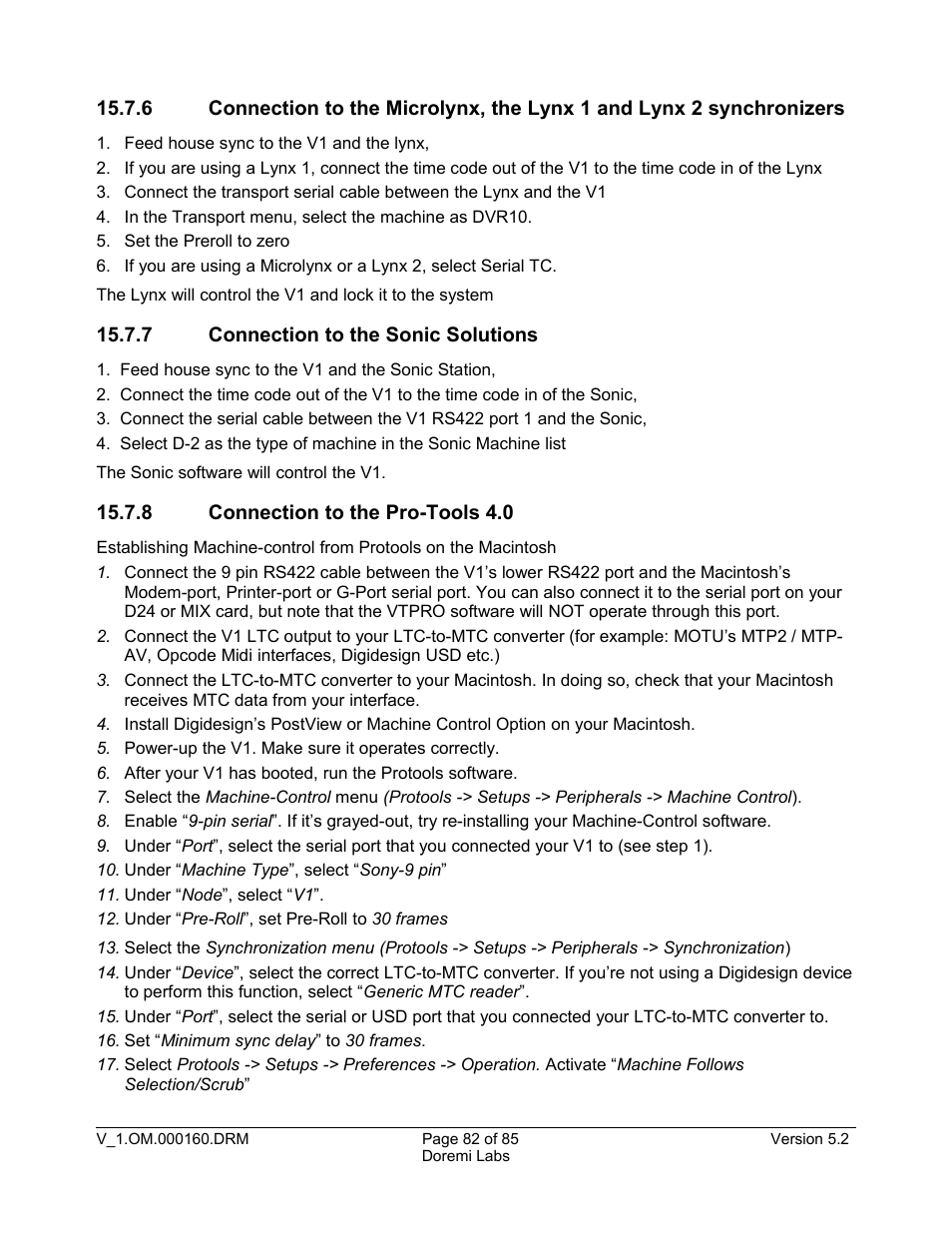 7 connection to the sonic solutions, 8 connection to the pro-tools 4.0 | Doremi MCSHD User Manual | Page 82 / 85
