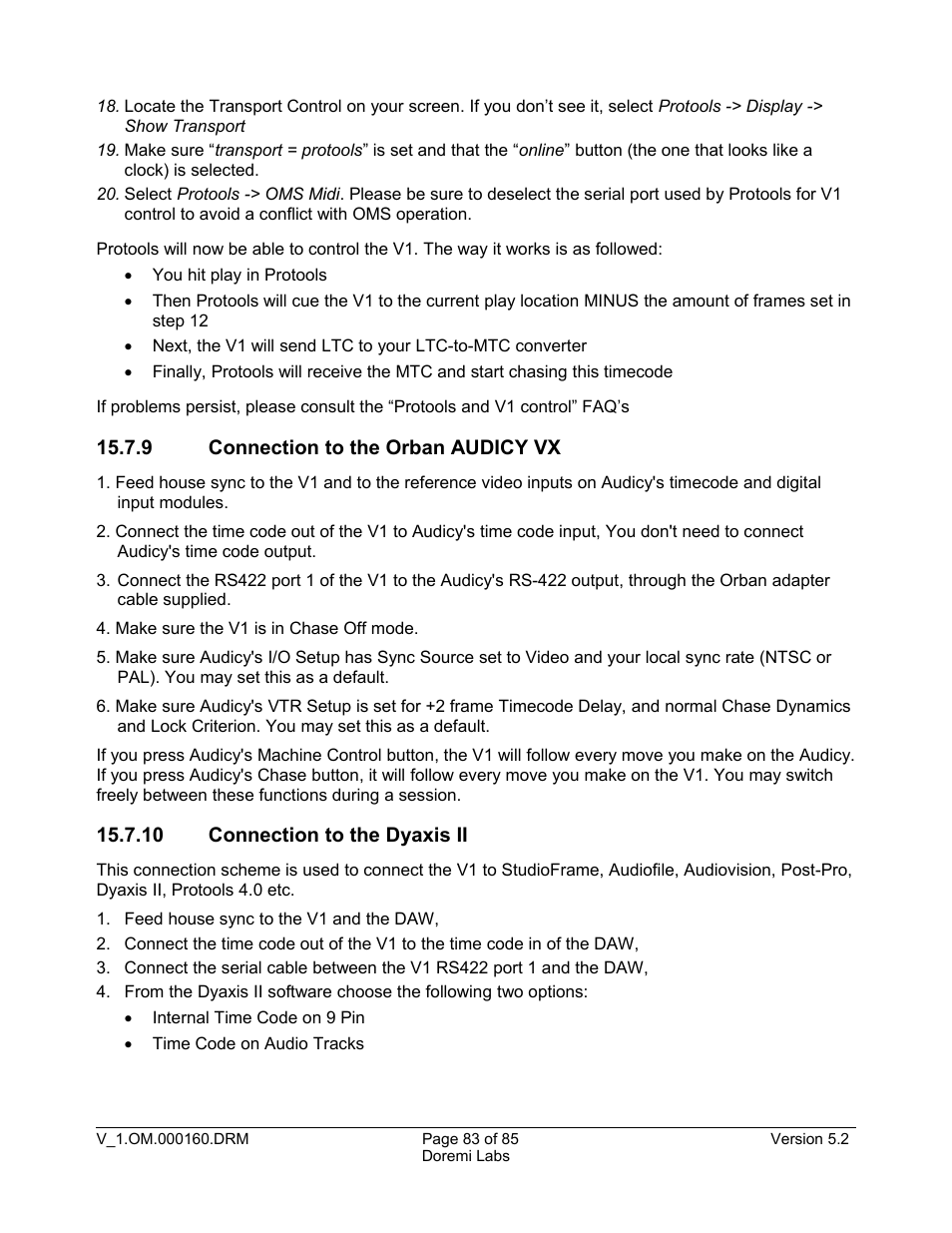 9 connection to the orban audicy vx, 10 connection to the dyaxis ii | Doremi MCSHD User Manual | Page 83 / 85