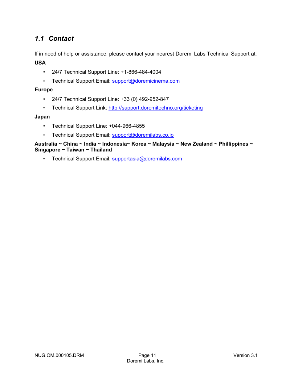 1 contact | Doremi Nugget User Manual | Page 11 / 58