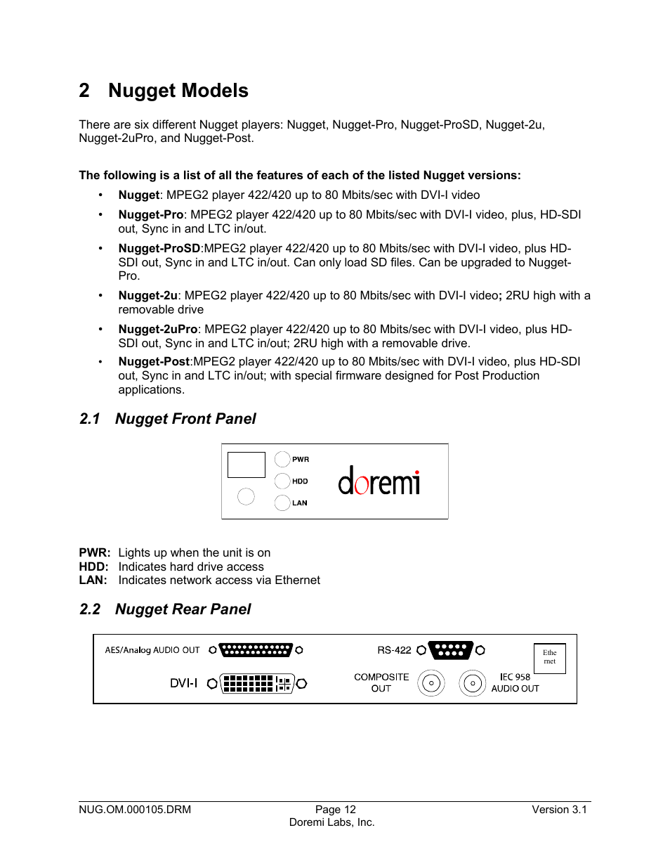 2 nugget models, 1 nugget front panel, 2 nugget rear panel | Doremi Nugget User Manual | Page 12 / 58