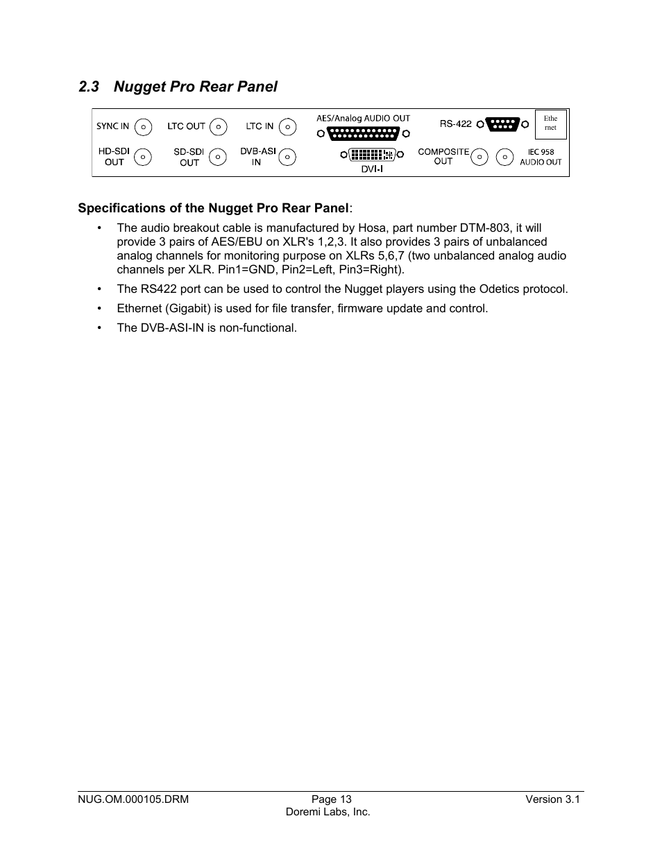 3 nugget pro rear panel | Doremi Nugget User Manual | Page 13 / 58