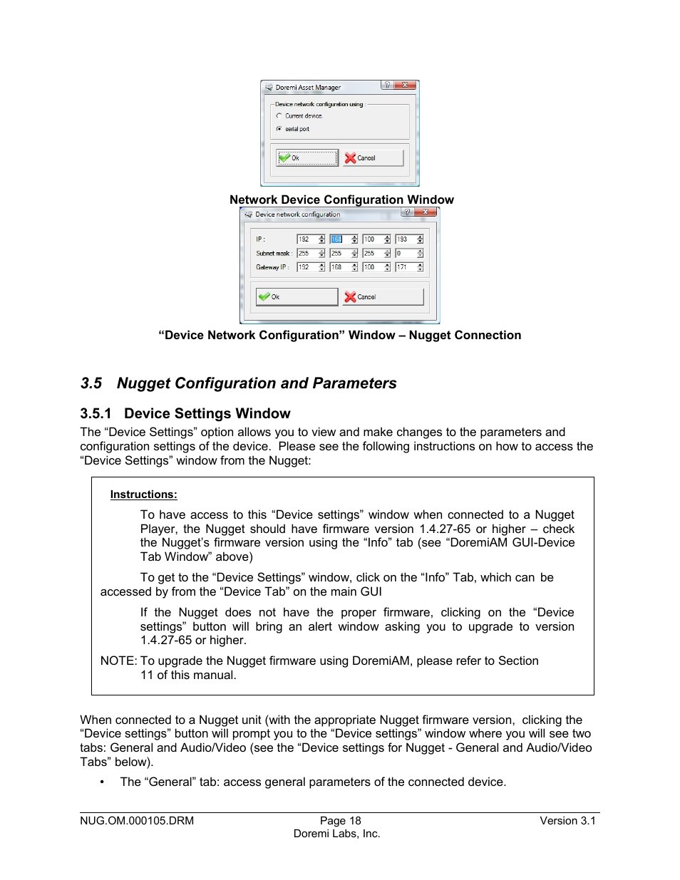 5 nugget configuration and parameters, 1 device settings window | Doremi Nugget User Manual | Page 18 / 58